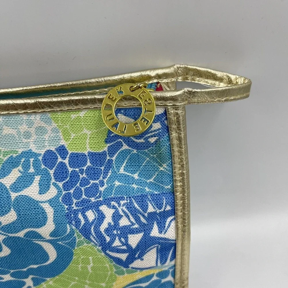Estee Lauder Lilly Pulitzer Cosmetic Makeup bag Blue Green Gold Trim